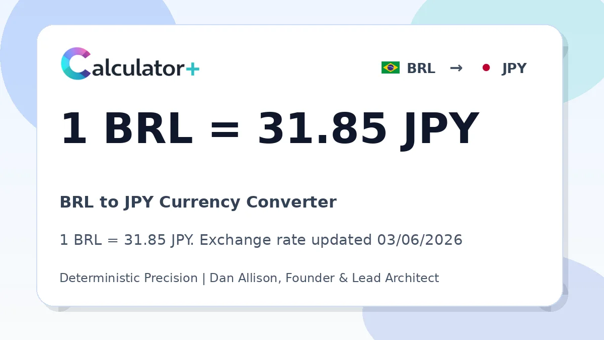 BRL to JPY exchange rate card showing 1 BRL = 31.85 JPY. Exchange rate updated 03/06/2026.