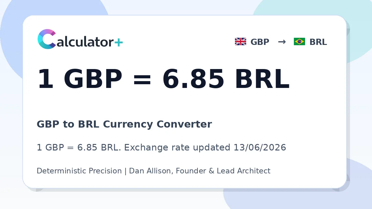 GBP to BRL exchange rate card showing 1 GBP = 6.85 BRL. Exchange rate updated 13/06/2026.