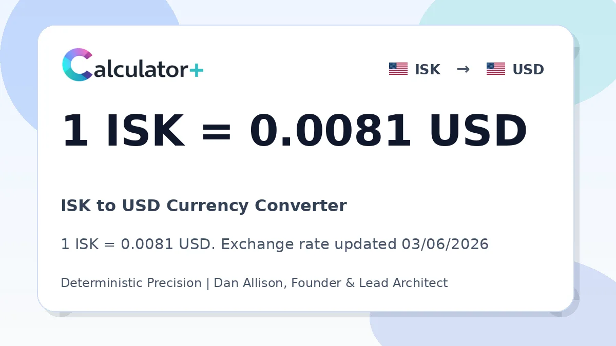 ISK to USD exchange rate card showing 1 ISK = 0.00811 USD. Exchange rate updated 03/06/2026.