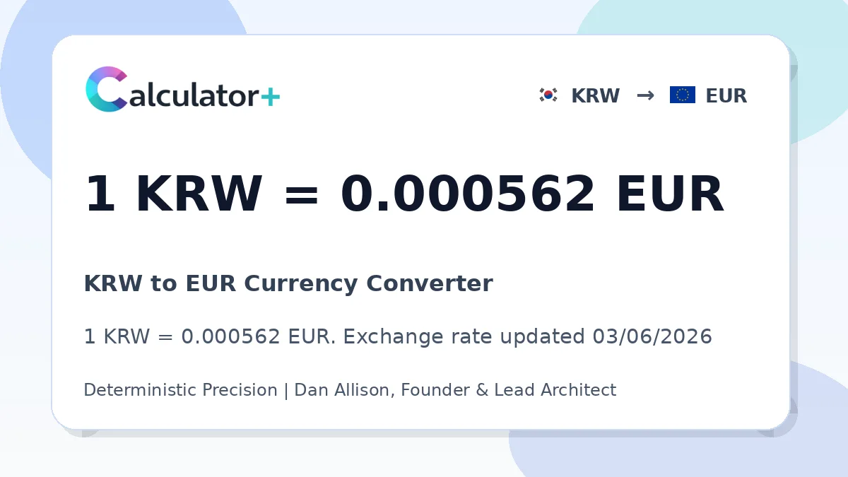 KRW to EUR exchange rate card showing 1 KRW = 0.000562 EUR. Exchange rate updated 03/06/2026.