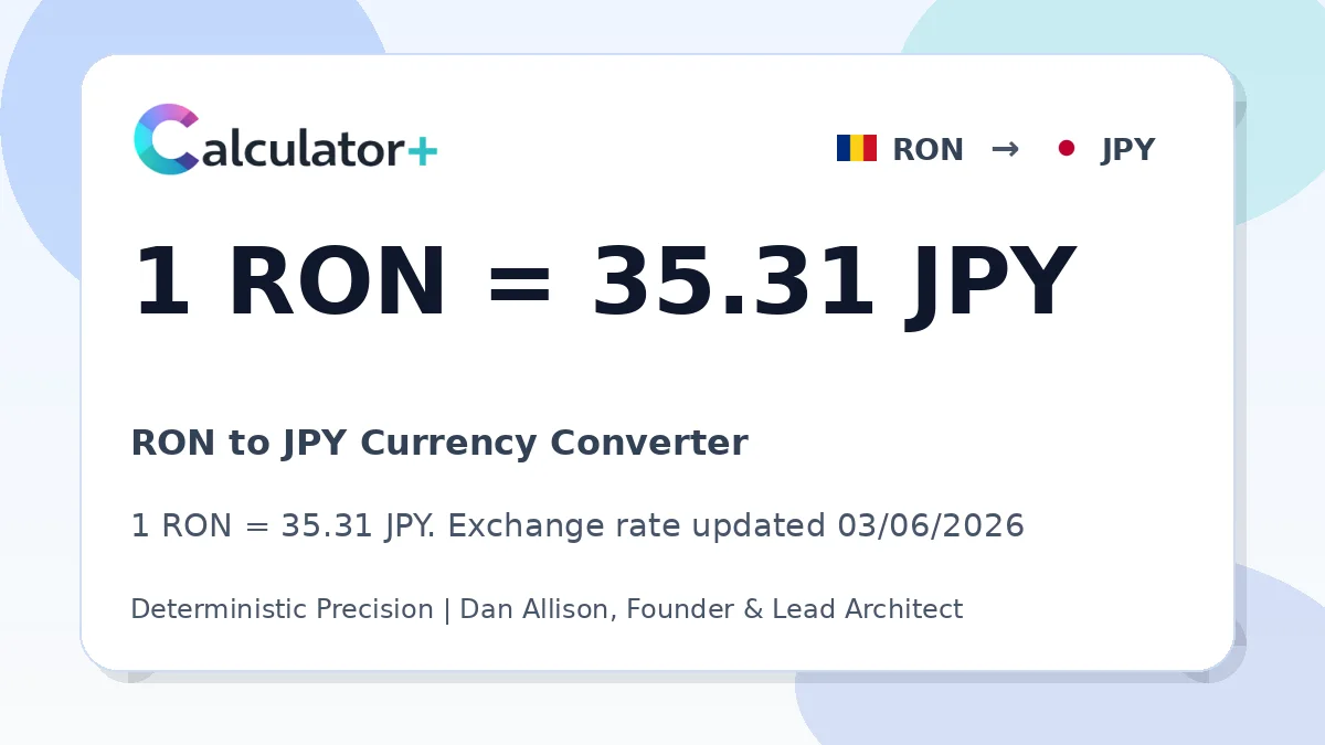 RON to JPY exchange rate card showing 1 RON = 35.31 JPY. Exchange rate updated 03/06/2026.