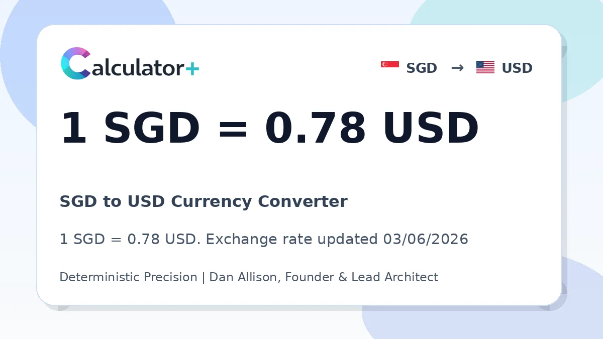 SGD to USD exchange rate card showing 1 SGD = 0.7822 USD. Exchange rate updated 03/06/2026.