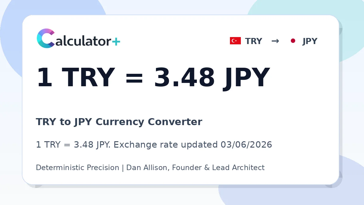 TRY to JPY exchange rate card showing 1 TRY = 3.48 JPY. Exchange rate updated 03/06/2026.