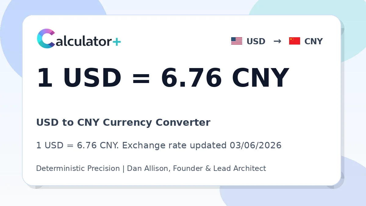 USD to CNY exchange rate card showing 1 USD = 6.76 CNY. Exchange rate updated 03/06/2026.