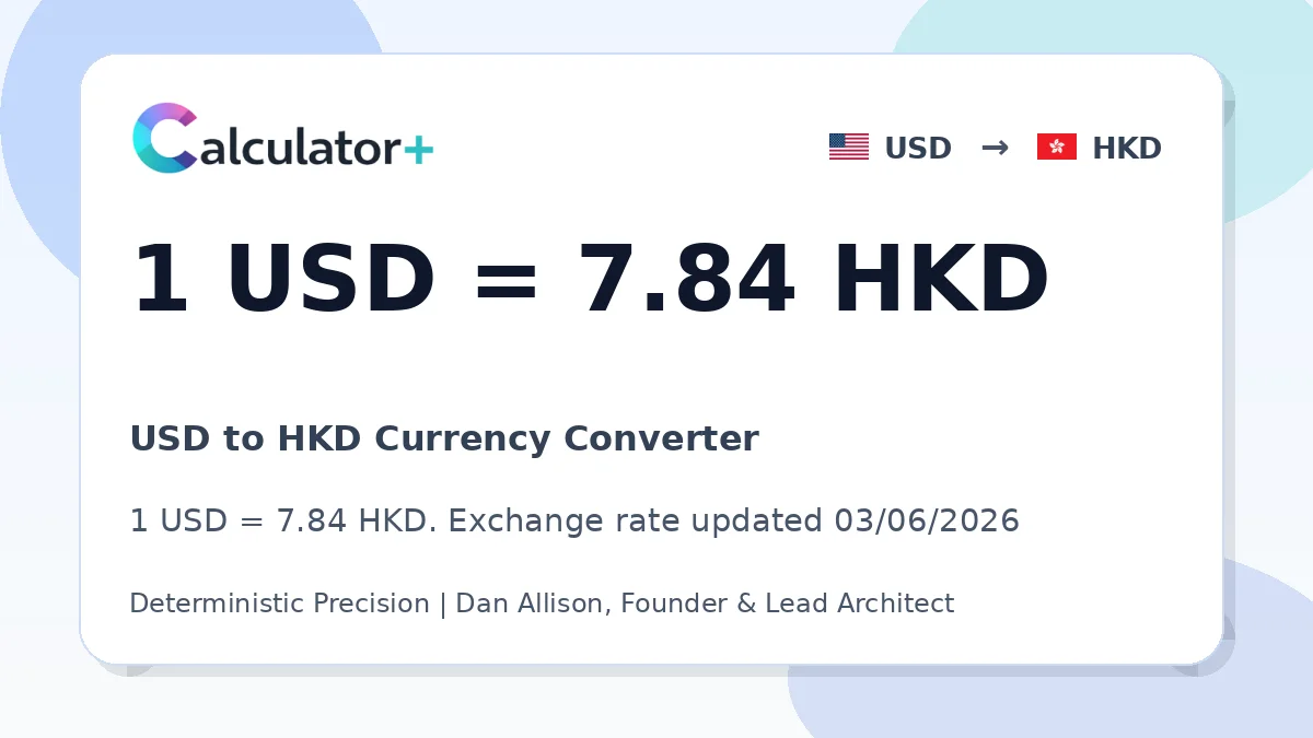 USD to HKD exchange rate card showing 1 USD = 7.84 HKD. Exchange rate updated 03/06/2026.