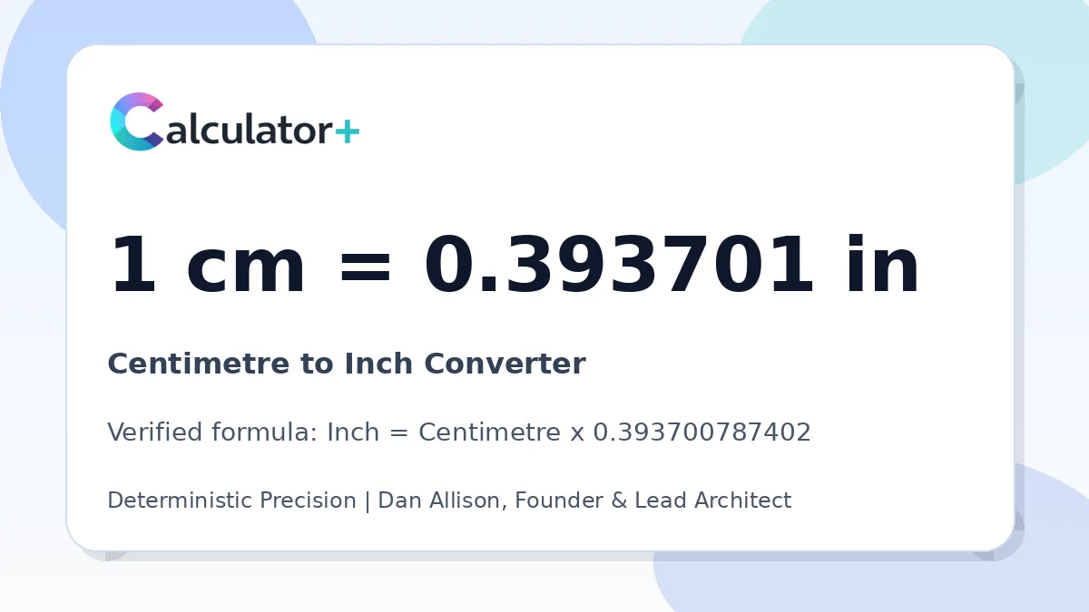 Centimetre to Inch conversion result card showing 1 cm equals 0.393701 in, verified by Calculator+.
