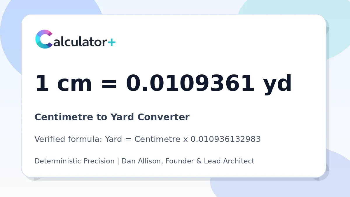 Centimetre to Yard conversion result card showing 1 cm equals 0.0109361 yd, verified by Calculator+.