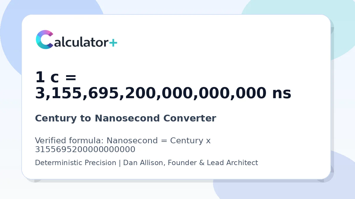 Century to Nanosecond conversion result card showing 1 c equals 3,155,695,200,000,000,000 ns, verified by Calculator+.
