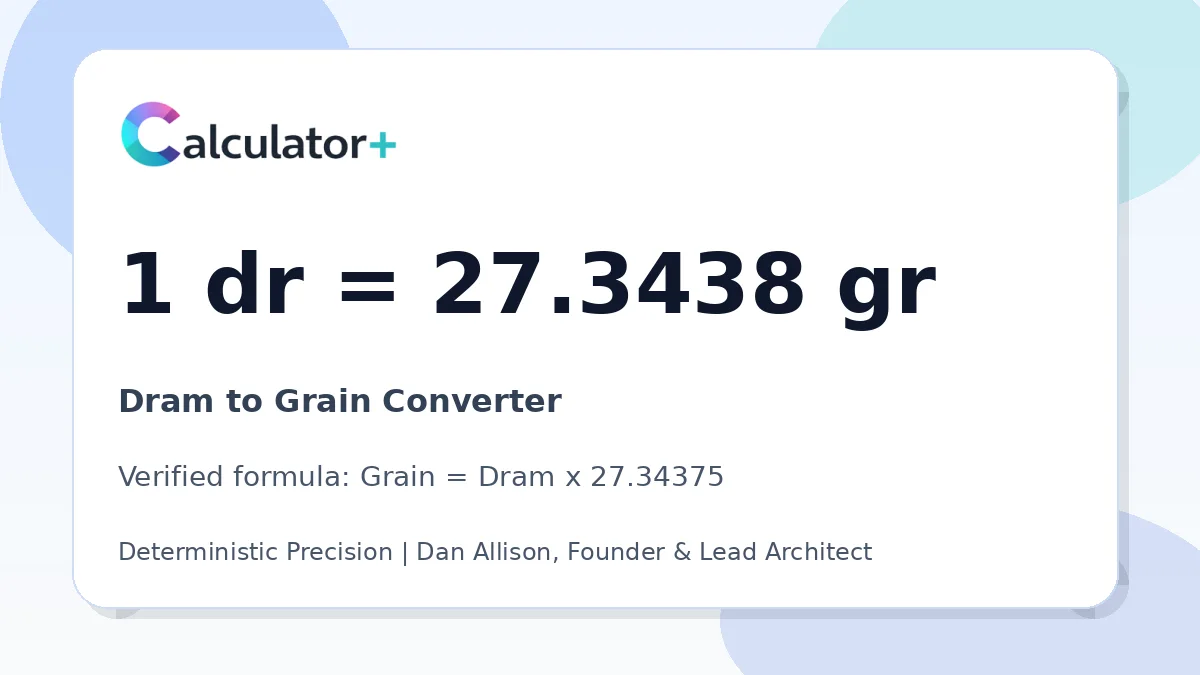 Dram to Grain conversion result card showing 1 dr equals 27.3438 gr, verified by Calculator+.