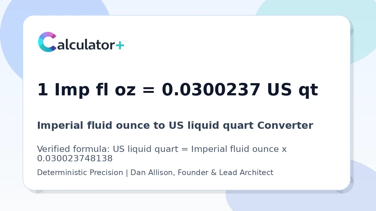 Imperial fluid ounce to US liquid quart conversion result card showing 1 Imp fl oz equals 0.0300237 US qt, verified by Calculator+.