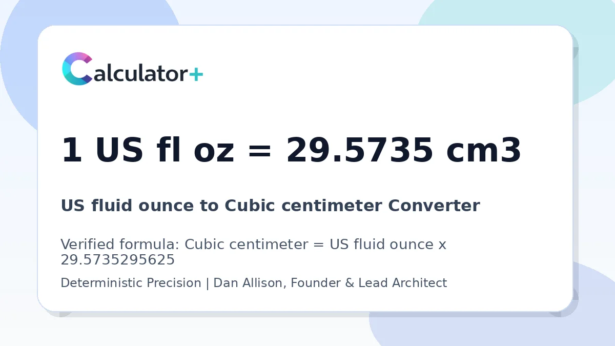 US fluid ounce to Cubic centimeter conversion result card showing 1 US fl oz equals 29.5735 cm3, verified by Calculator+.