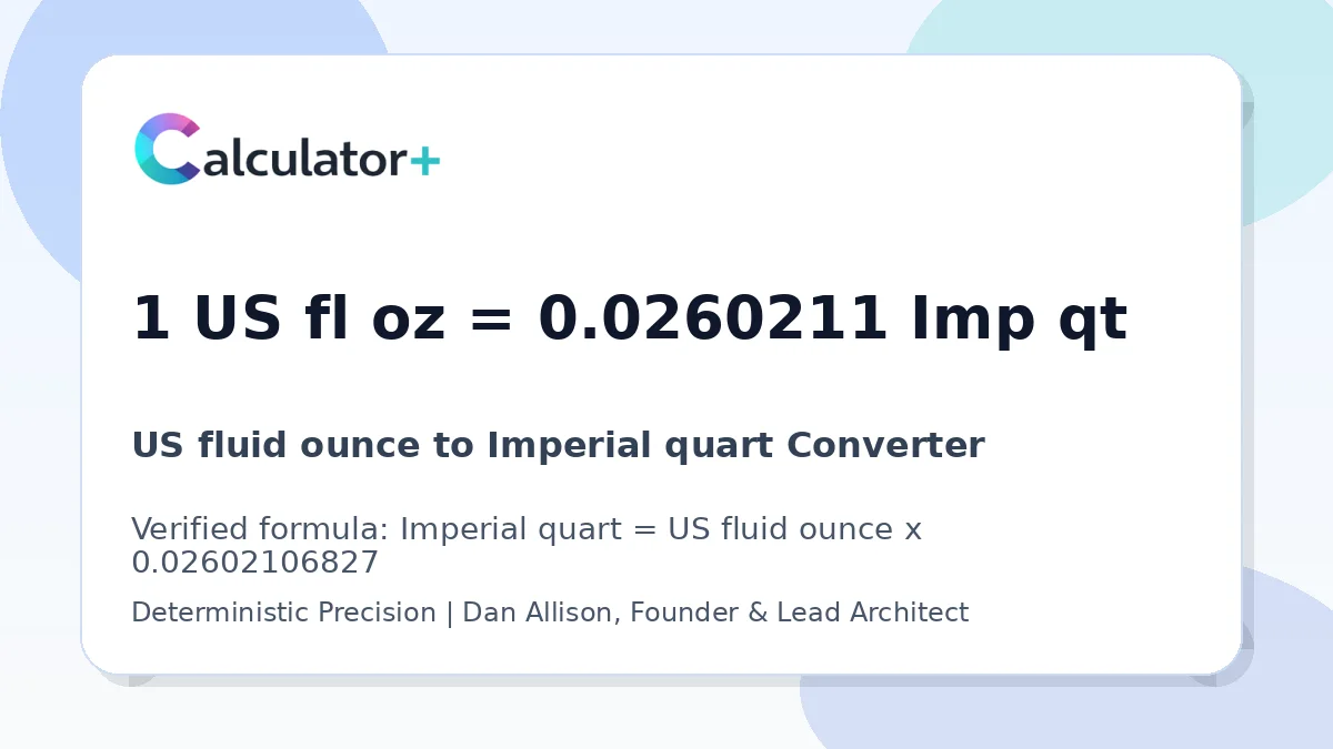 US fluid ounce to Imperial quart conversion result card showing 1 US fl oz equals 0.0260211 Imp qt, verified by Calculator+.