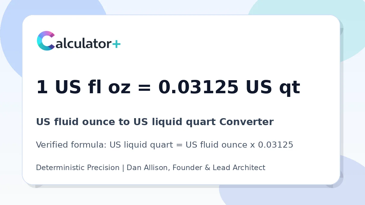 US fluid ounce to US liquid quart conversion result card showing 1 US fl oz equals 0.03125 US qt, verified by Calculator+.