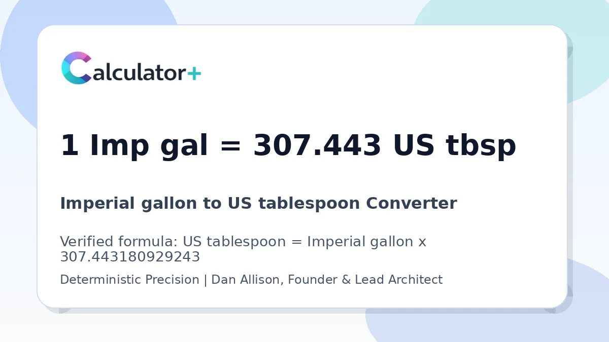 Imperial gallon to US tablespoon conversion result card showing 1 Imp gal equals 307.443 US tbsp, verified by Calculator+.