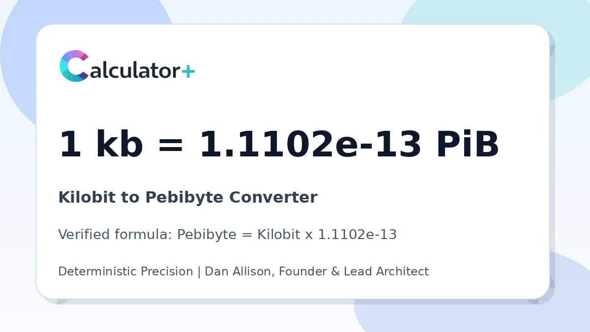 Kilobit to Pebibyte conversion result card showing 1 kb equals 1.1102e-13 PiB, verified by Calculator+.