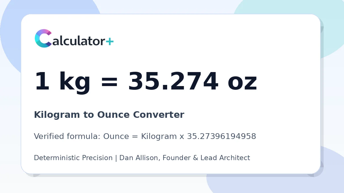 Kilogram to Ounce conversion result card showing 1 kg equals 35.274 oz, verified by Calculator+.