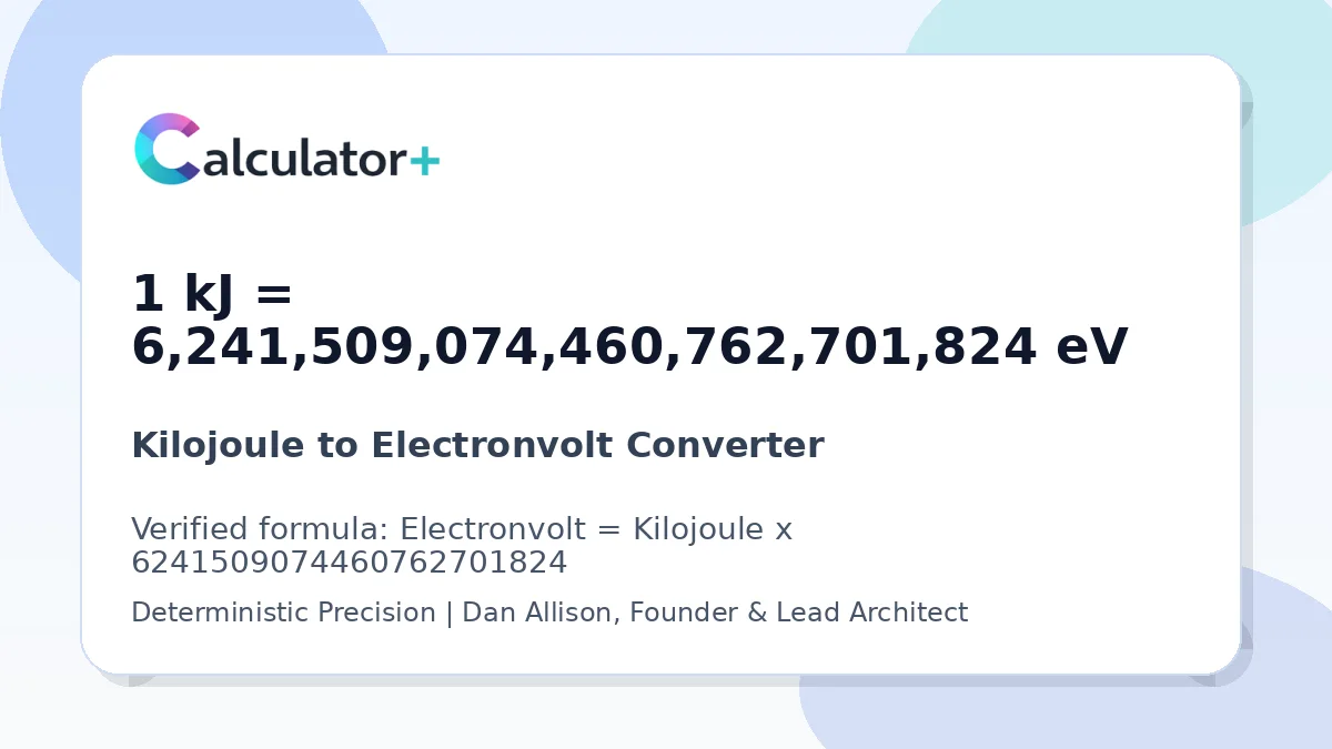 Kilojoule to Electronvolt conversion result card showing 1 kJ equals 6,241,509,074,460,762,701,824 eV, verified by Calculator+.