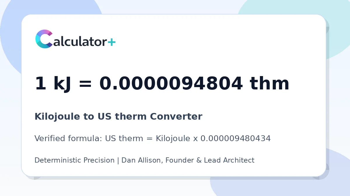 Kilojoule to US therm conversion result card showing 1 kJ equals 0.0000094804 thm, verified by Calculator+.
