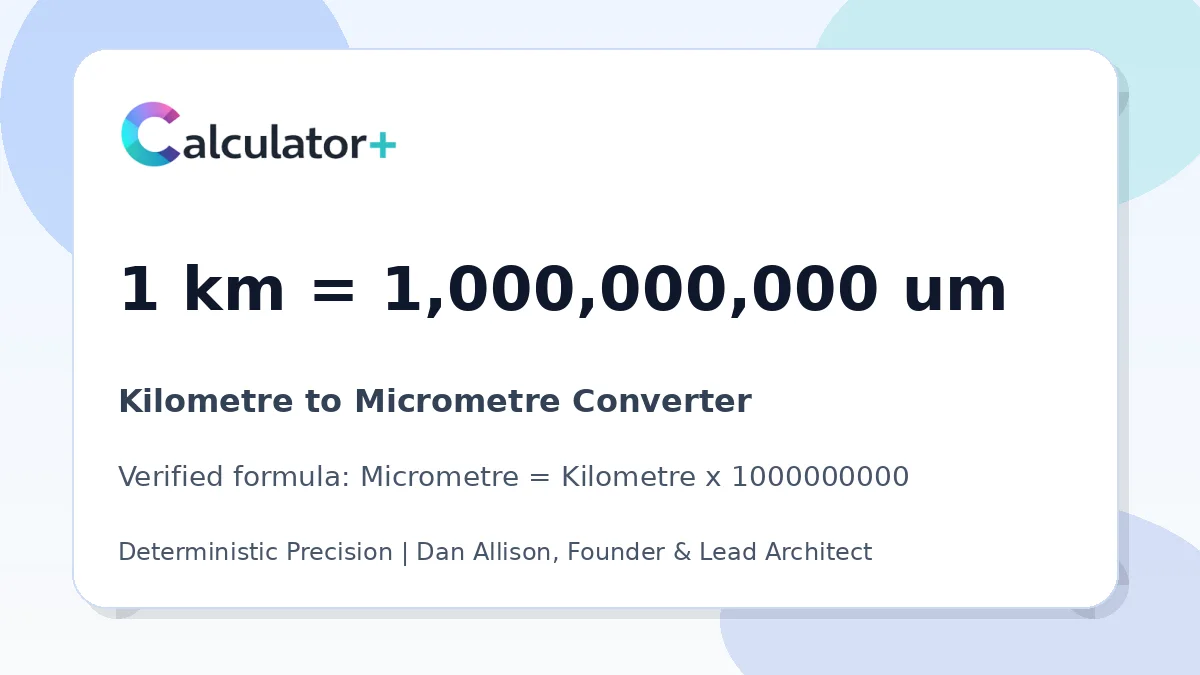 Kilometre to Micrometre conversion result card showing 1 km equals 1,000,000,000 um, verified by Calculator+.