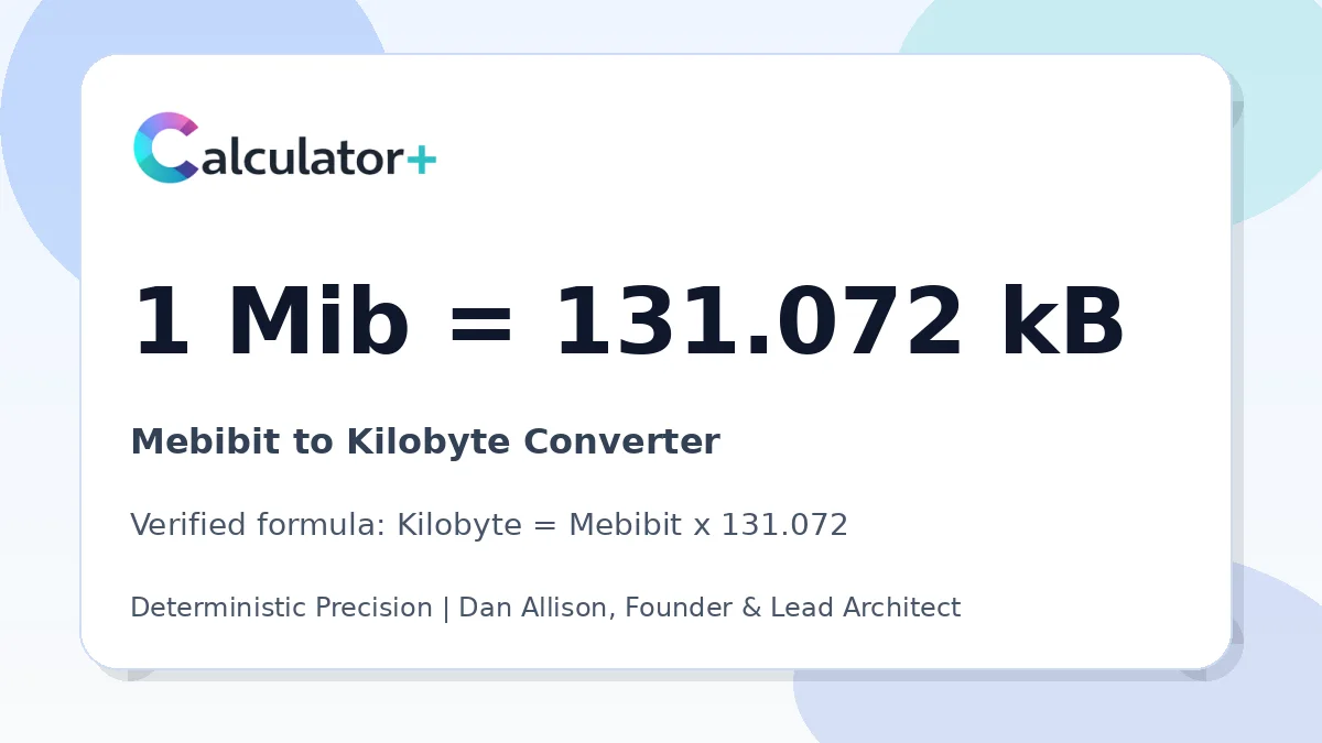 Mebibit to Kilobyte conversion result card showing 1 Mib equals 131.072 kB, verified by Calculator+.