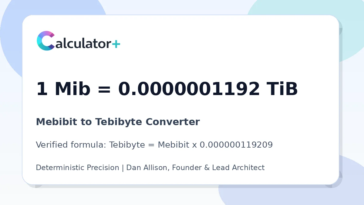 Mebibit to Tebibyte conversion result card showing 1 Mib equals 0.0000001192 TiB, verified by Calculator+.