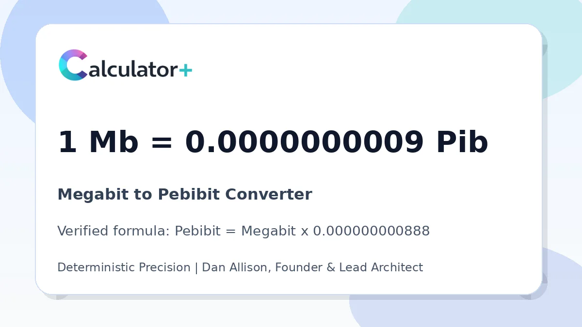 Megabit to Pebibit conversion result card showing 1 Mb equals 0.0000000009 Pib, verified by Calculator+.