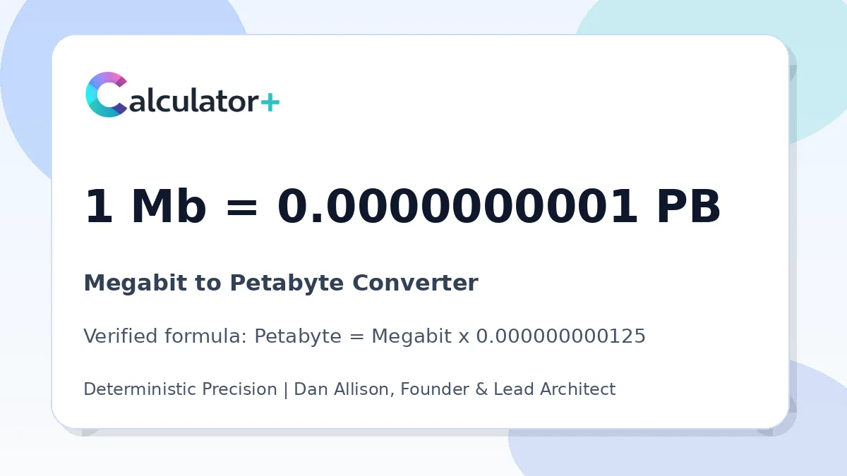 Megabit to Petabyte conversion result card showing 1 Mb equals 0.0000000001 PB, verified by Calculator+.