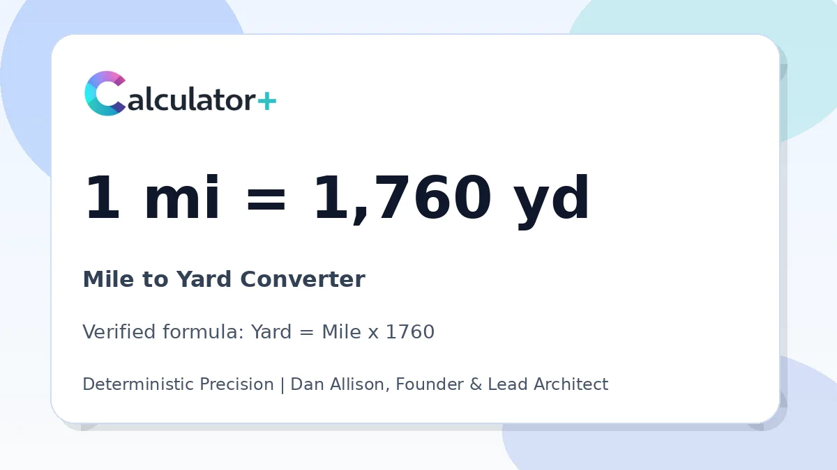 Mile to Yard conversion result card showing 1 mi equals 1,760 yd, verified by Calculator+.