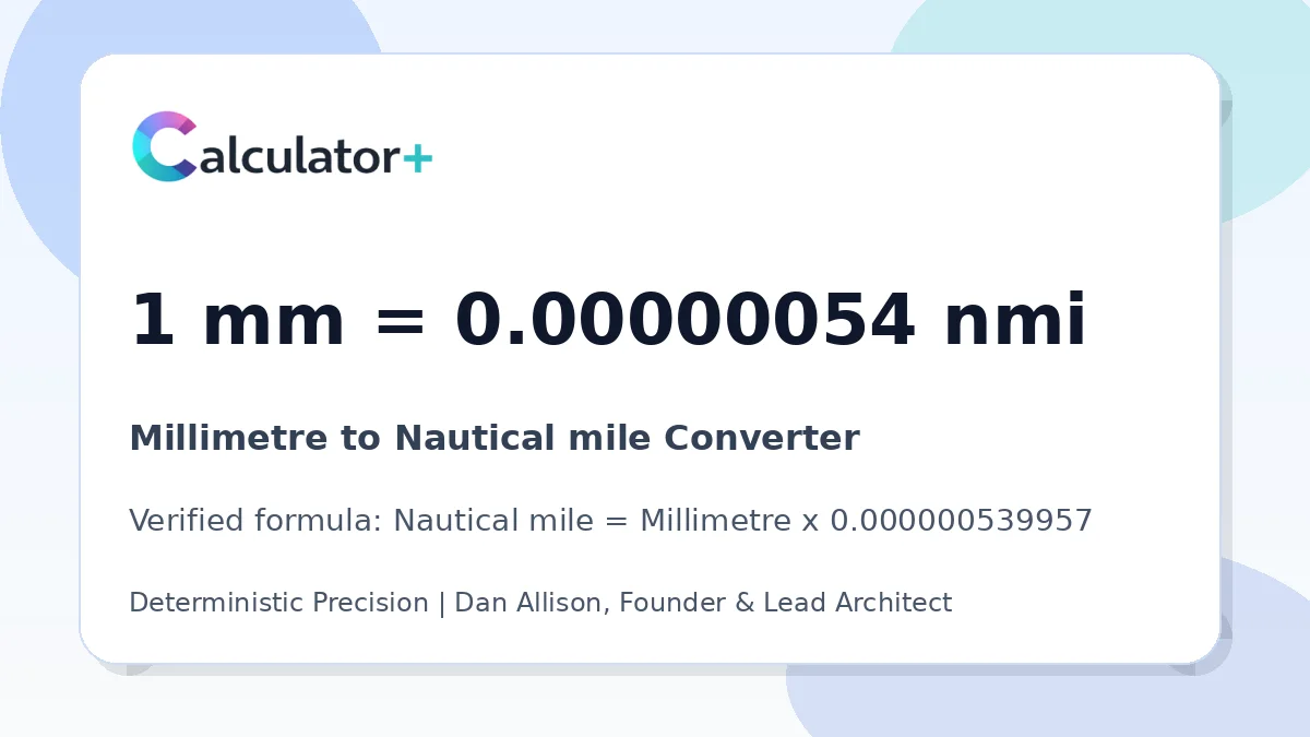 Millimetre to Nautical mile conversion result card showing 1 mm equals 0.00000054 nmi, verified by Calculator+.