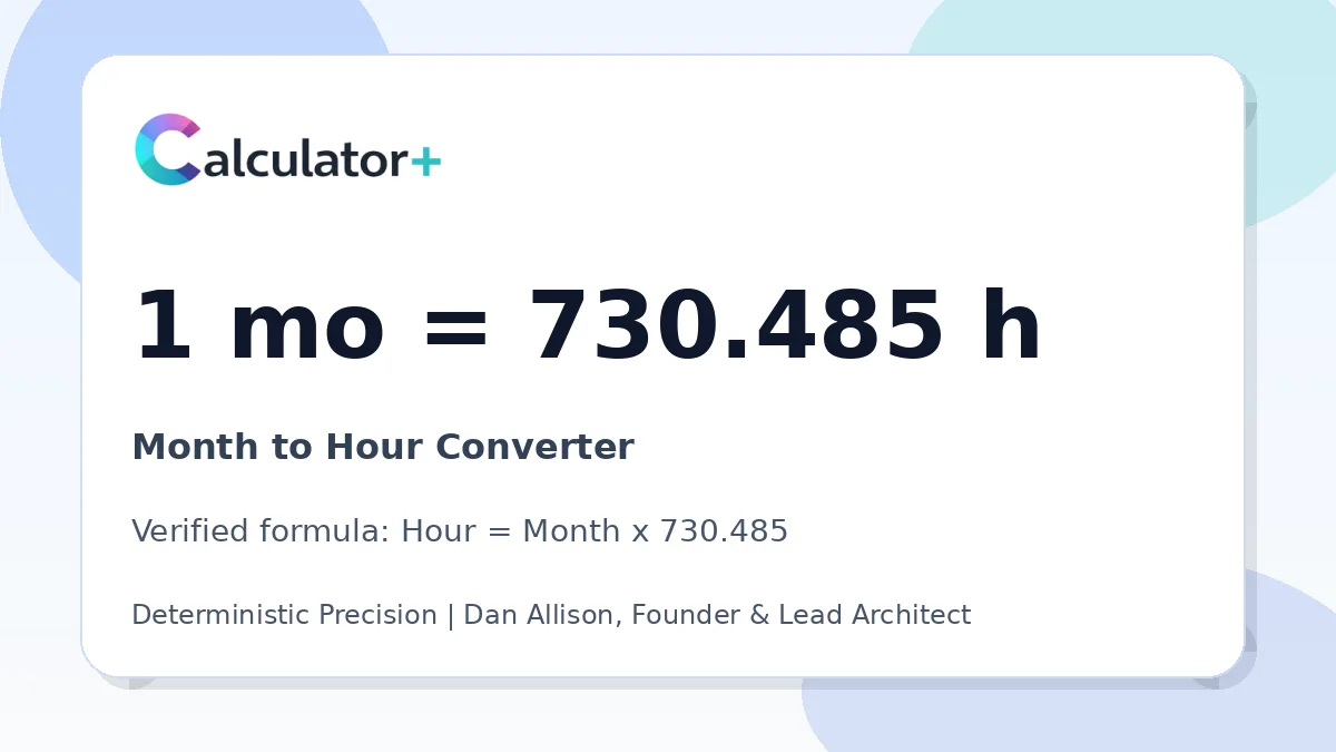 Month to Hour conversion result card showing 1 mo equals 730.485 h, verified by Calculator+.