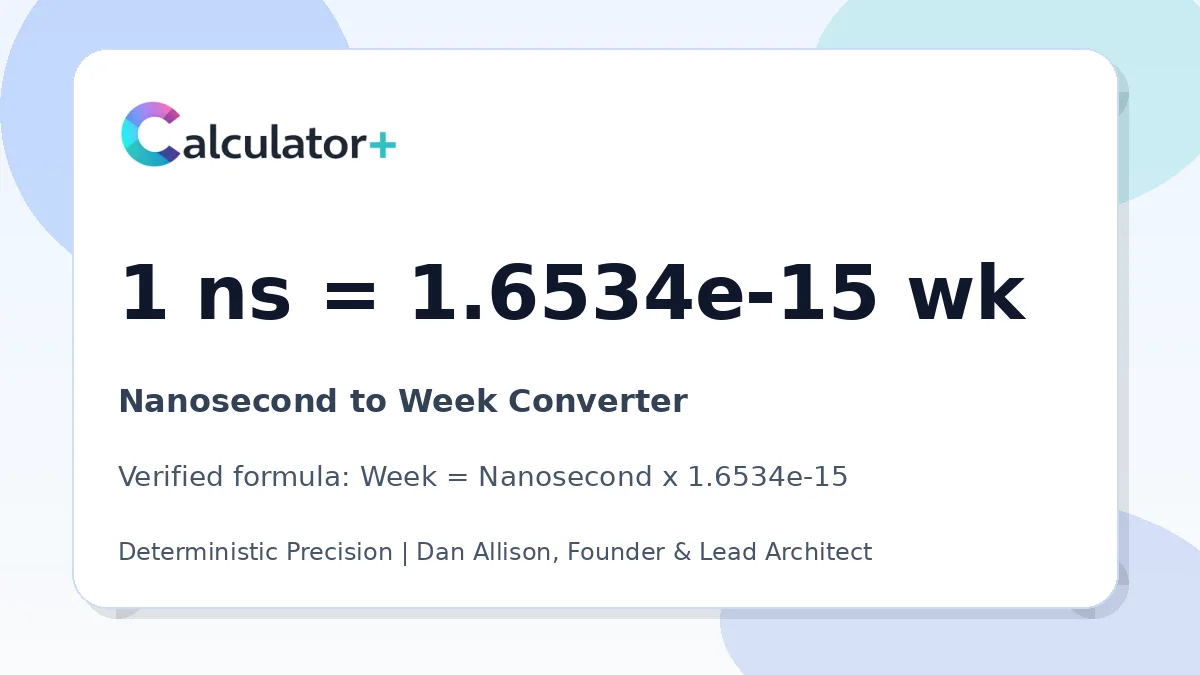 Nanosecond to Week conversion result card showing 1 ns equals 1.6534e-15 wk, verified by Calculator+.