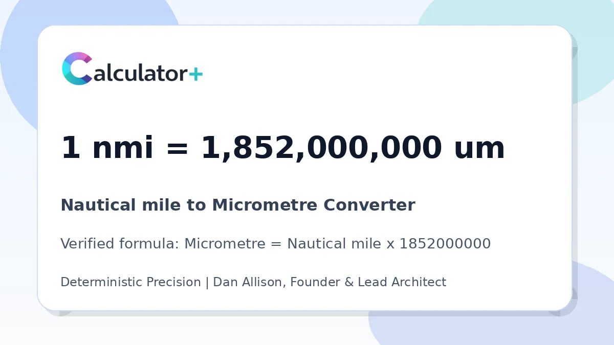 Nautical mile to Micrometre conversion result card showing 1 nmi equals 1,852,000,000 um, verified by Calculator+.
