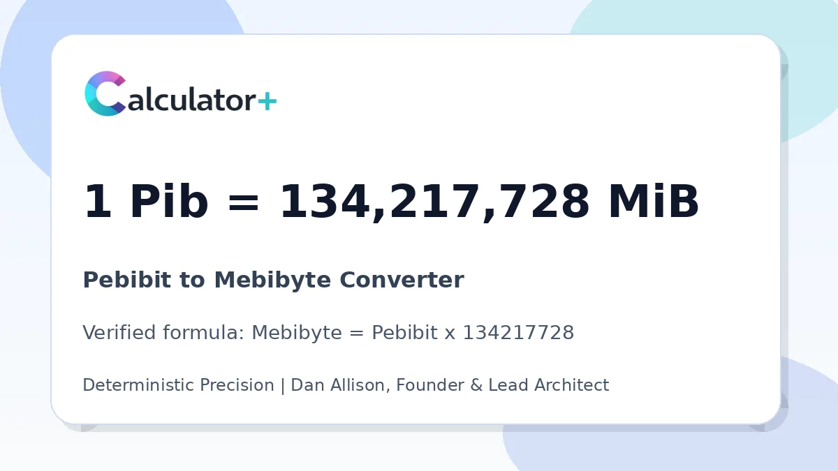 Pebibit to Mebibyte conversion result card showing 1 Pib equals 134,217,728 MiB, verified by Calculator+.