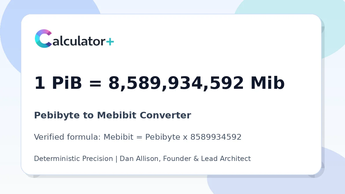 Pebibyte to Mebibit conversion result card showing 1 PiB equals 8,589,934,592 Mib, verified by Calculator+.