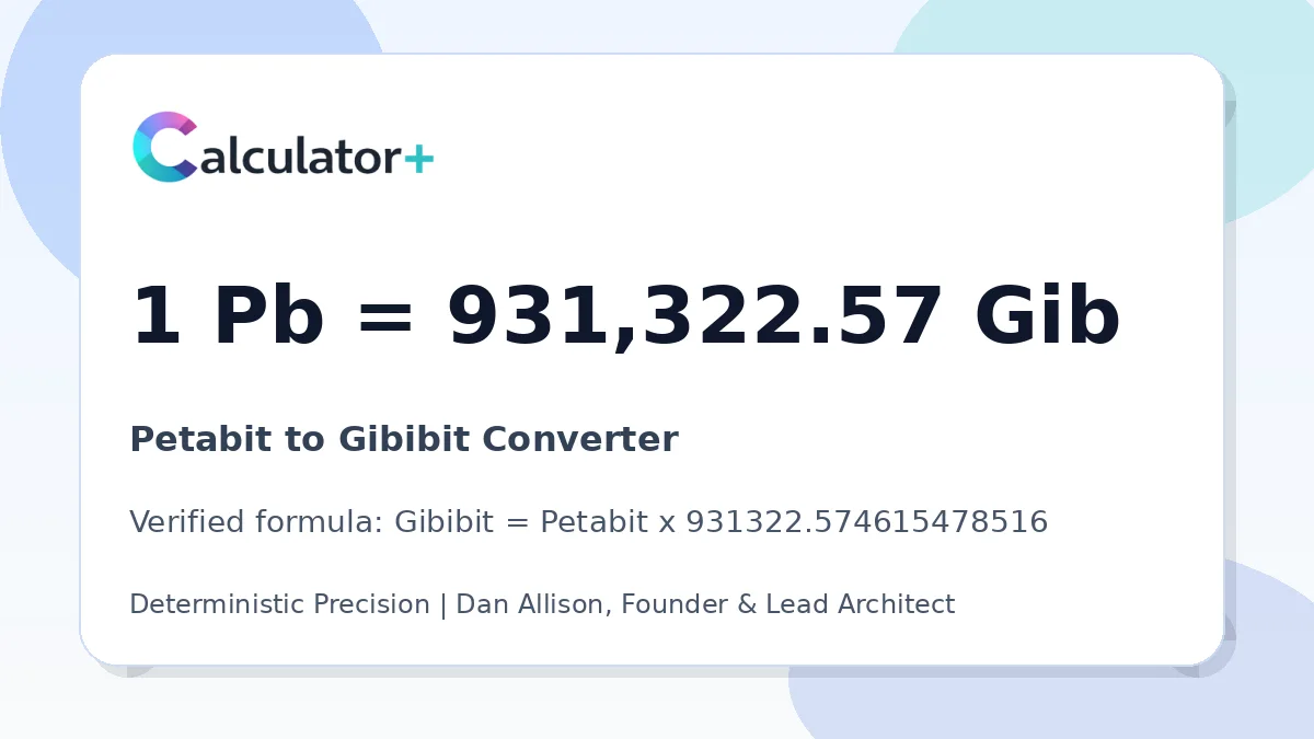 Petabit to Gibibit conversion result card showing 1 Pb equals 931,322.57 Gib, verified by Calculator+.