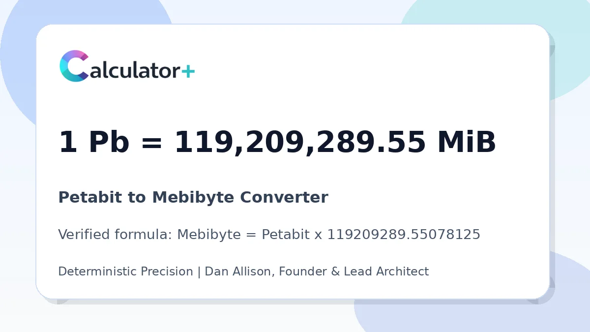Petabit to Mebibyte conversion result card showing 1 Pb equals 119,209,289.55 MiB, verified by Calculator+.