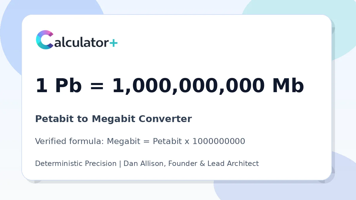 Petabit to Megabit conversion result card showing 1 Pb equals 1,000,000,000 Mb, verified by Calculator+.