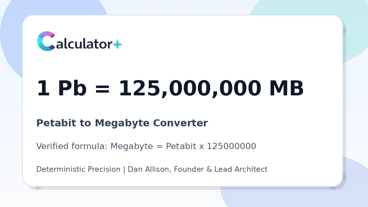 Petabit to Megabyte conversion result card showing 1 Pb equals 125,000,000 MB, verified by Calculator+.
