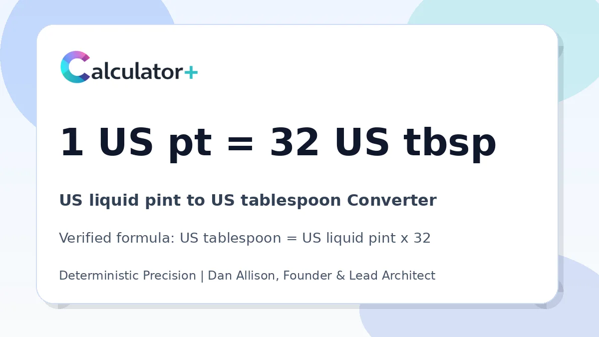 US liquid pint to US tablespoon conversion result card showing 1 US pt equals 32 US tbsp, verified by Calculator+.