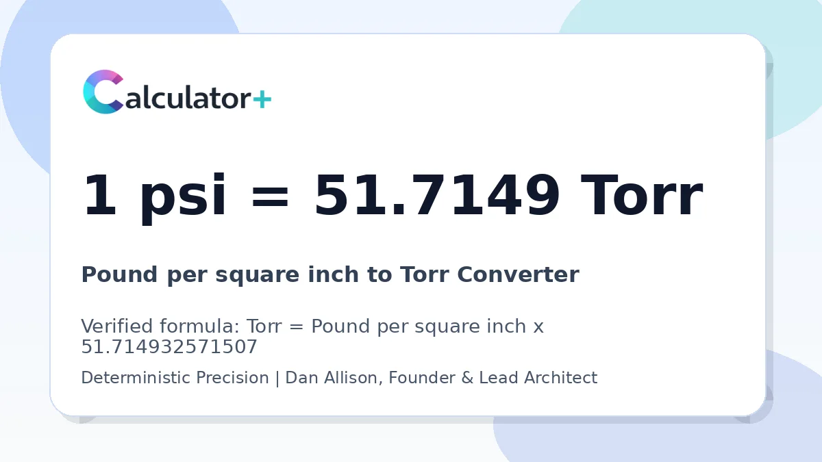 Pound per square inch to Torr conversion result card showing 1 psi equals 51.7149 Torr, verified by Calculator+.