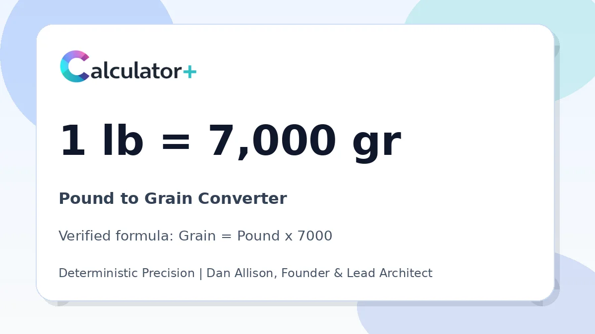 Pound to Grain conversion result card showing 1 lb equals 7,000 gr, verified by Calculator+.