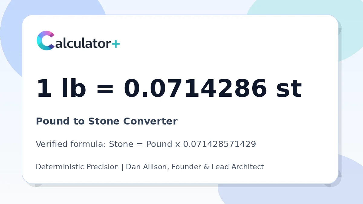Pound to Stone conversion result card showing 1 lb equals 0.0714286 st, verified by Calculator+.