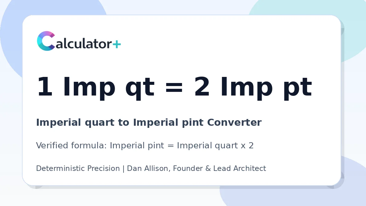 Imperial quart to Imperial pint conversion result card showing 1 Imp qt equals 2 Imp pt, verified by Calculator+.