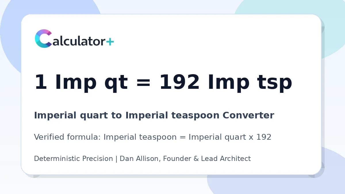 Imperial quart to Imperial teaspoon conversion result card showing 1 Imp qt equals 192 Imp tsp, verified by Calculator+.