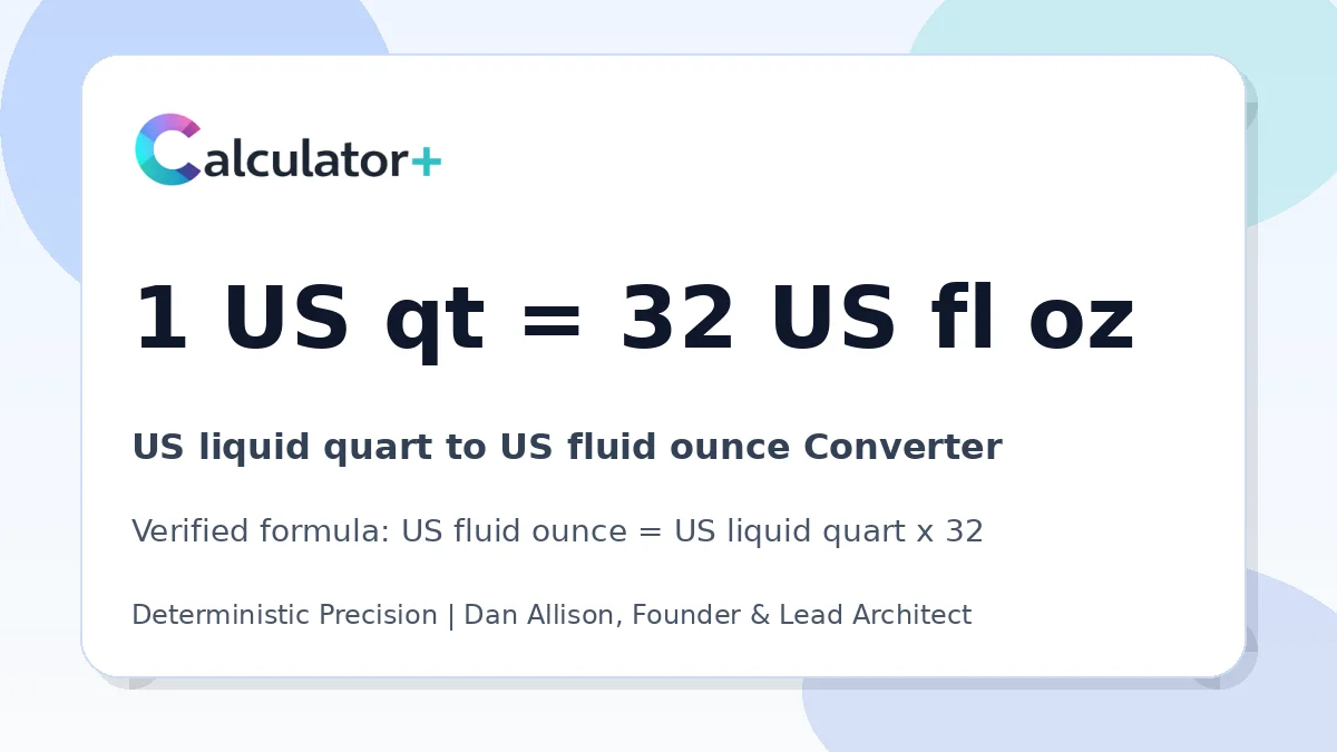 US liquid quart to US fluid ounce conversion result card showing 1 US qt equals 32 US fl oz, verified by Calculator+.