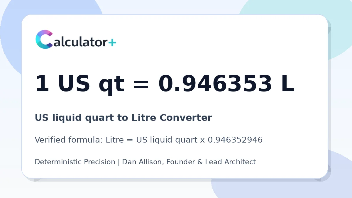 US liquid quart to Litre conversion result card showing 1 US qt equals 0.946353 L, verified by Calculator+.