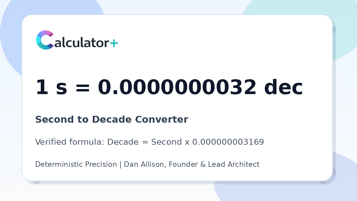 Second to Decade conversion result card showing 1 s equals 0.0000000032 dec, verified by Calculator+.