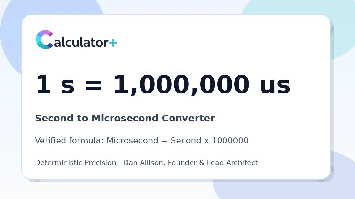 Second to Microsecond conversion result card showing 1 s equals 1,000,000 us, verified by Calculator+.