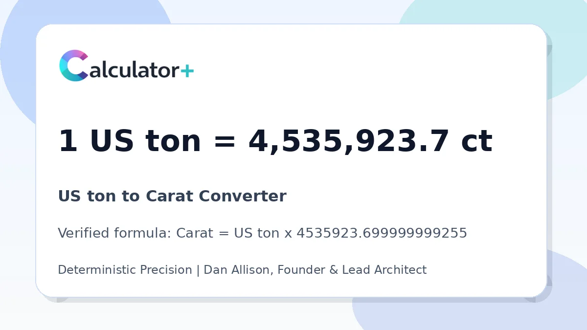 US ton to Carat conversion result card showing 1 US ton equals 4,535,923.7 ct, verified by Calculator+.