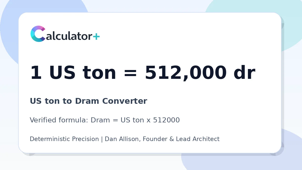 US ton to Dram conversion result card showing 1 US ton equals 512,000 dr, verified by Calculator+.